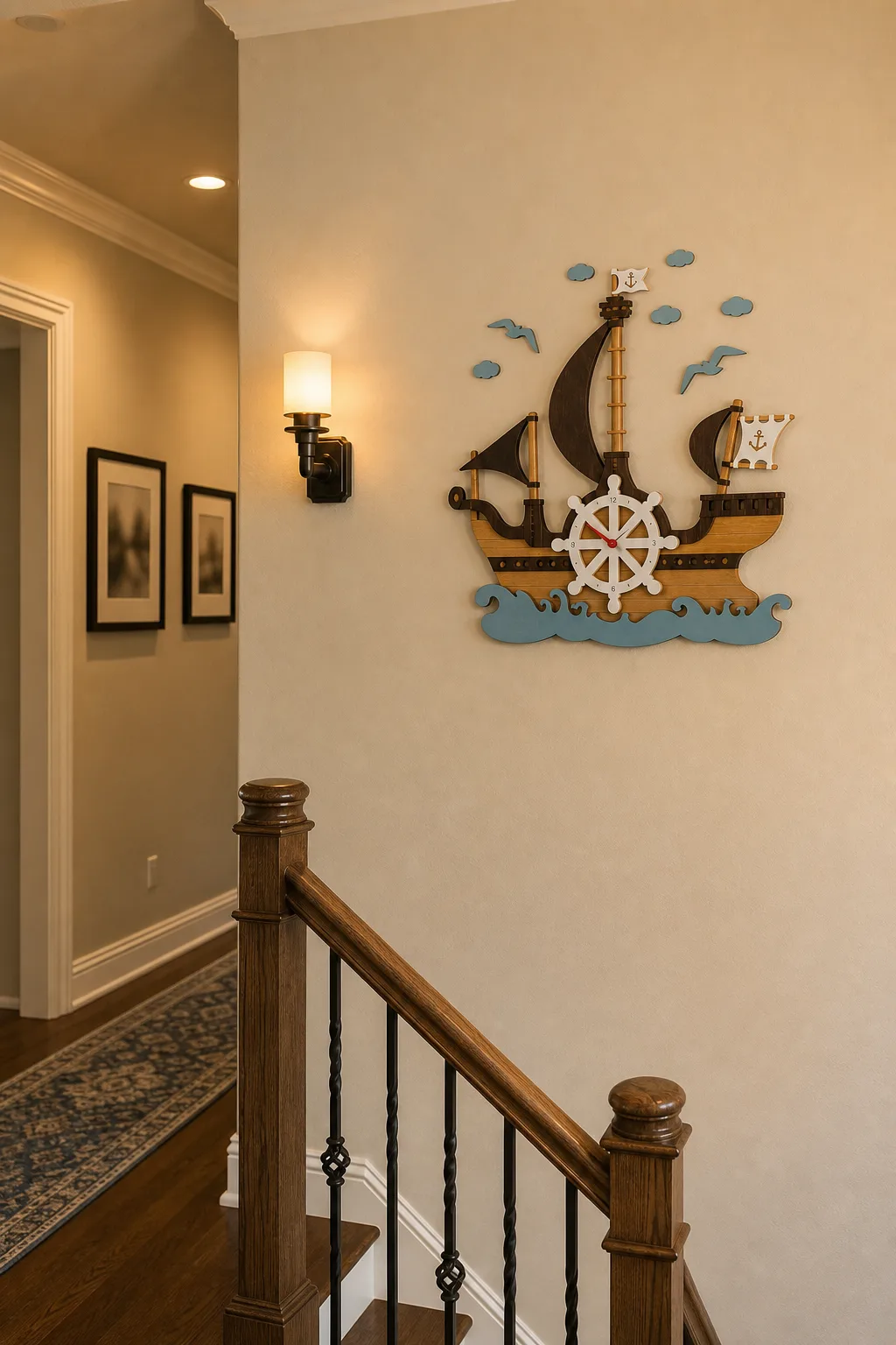 Nautical Ship Clock on a Warm Stair Landing Nautical wooden ship wall clock with blue waves and cloud accents on a warm family stair landing wall