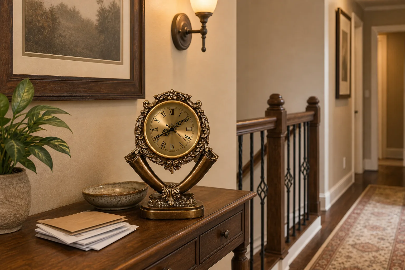 Decorative Desk Clock on Stair Landing Console Ornate vintage European desk clock on a hallway console near a stair banister and warm wall sconce