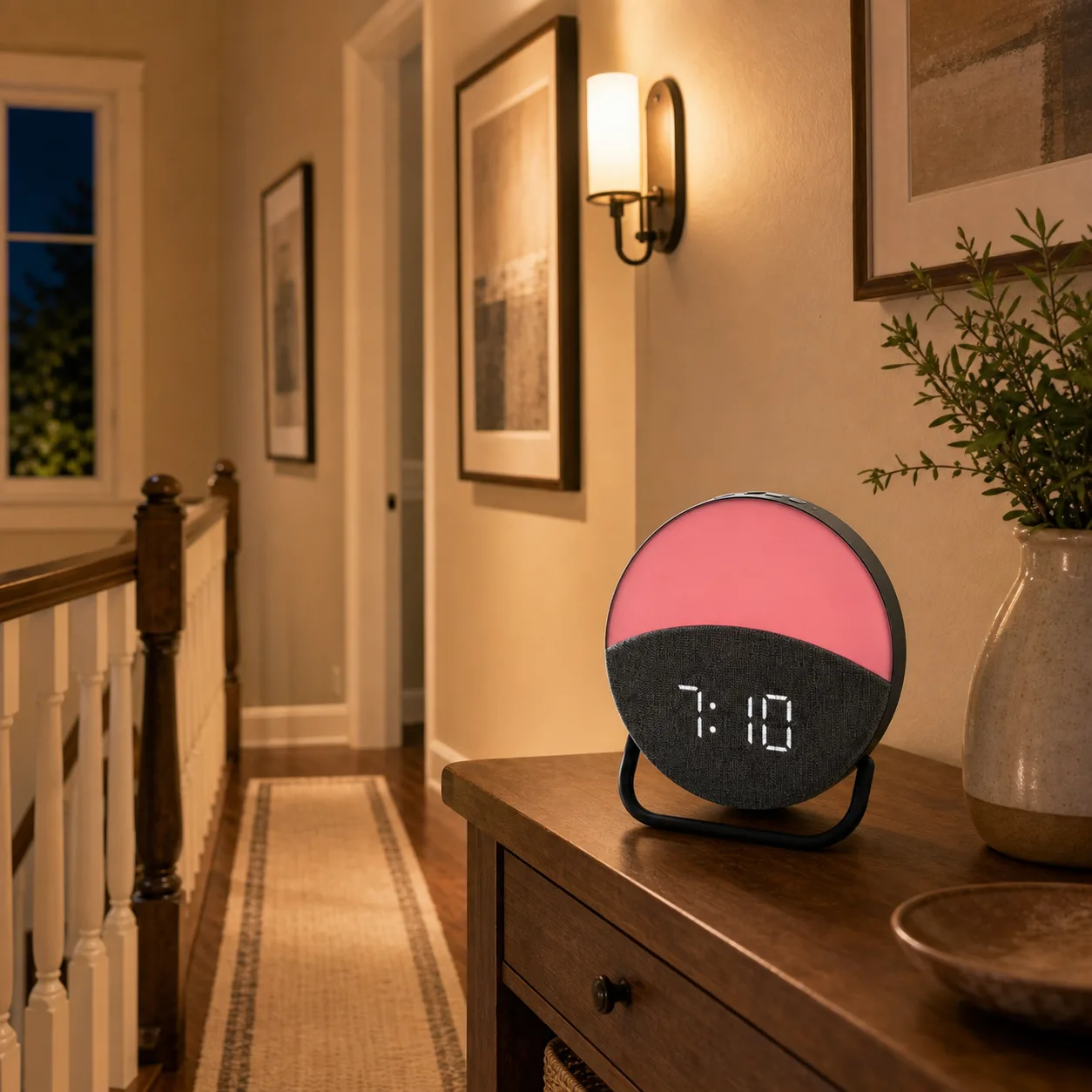Modern Digital Alarm Clock on an Upstairs Hallway Console Round digital alarm clock with pink top and gray fabric face on a hallway console near a stair banister.