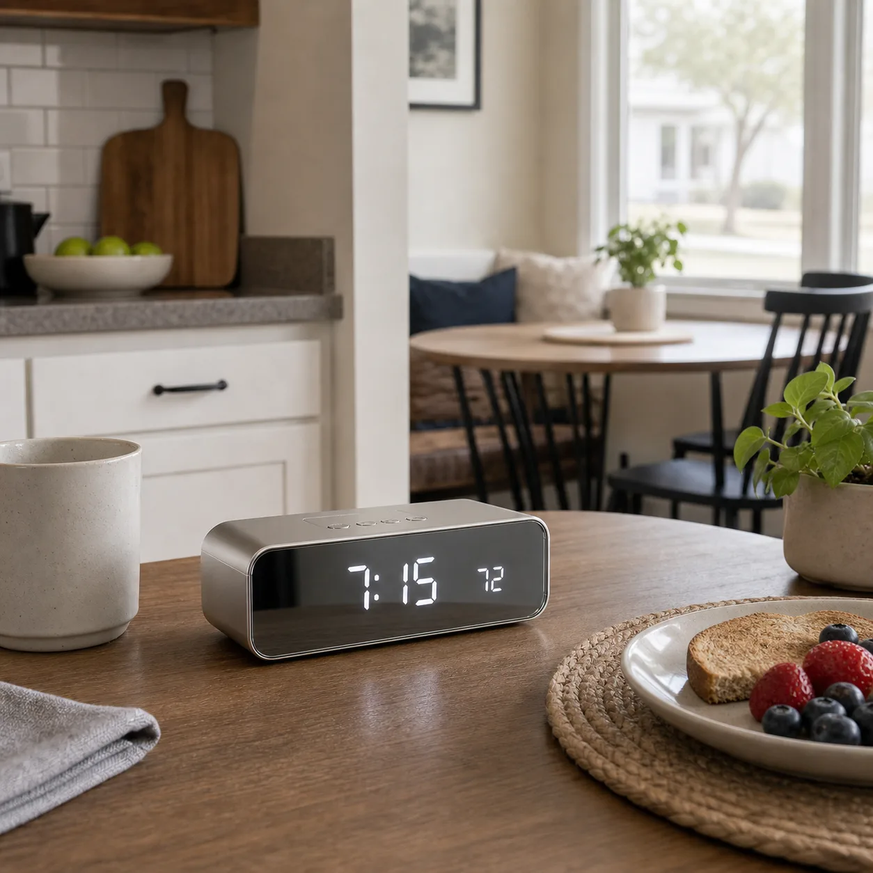 Digital Alarm Clock in Kitchen Breakfast Nook Modern digital alarm clock with white LED numerals on a breakfast table in an open-plan kitchen nook.