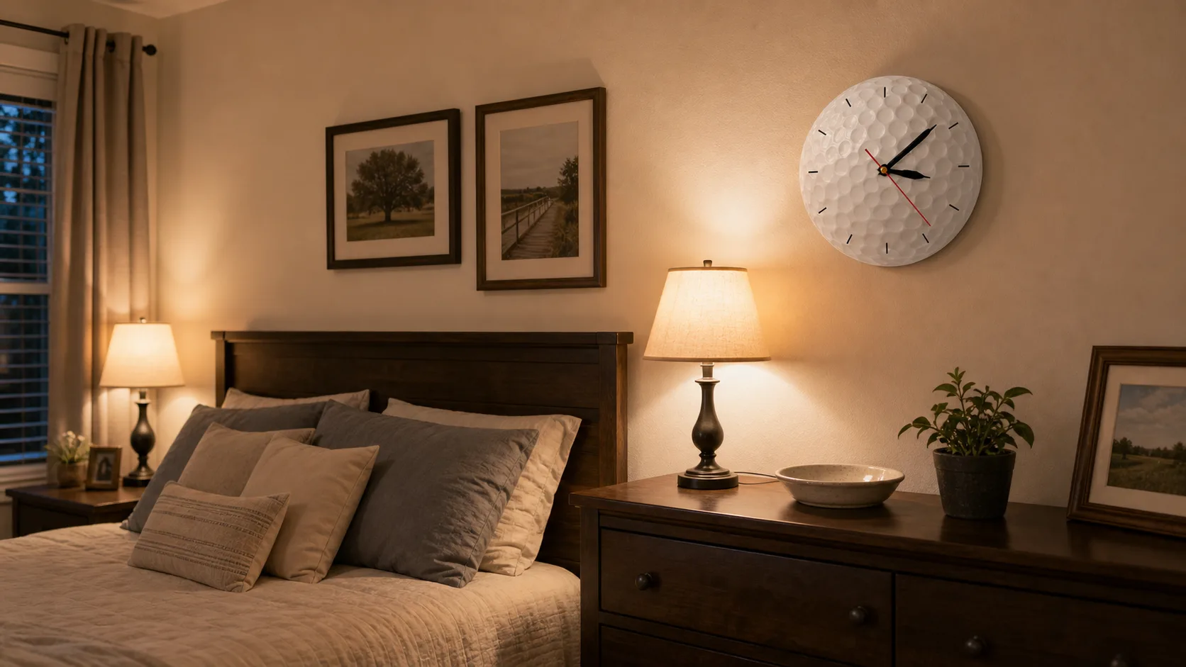 Golf Ball Wall Clock in Bedroom White golf ball wall clock mounted on a modest bedroom wall above a dresser.