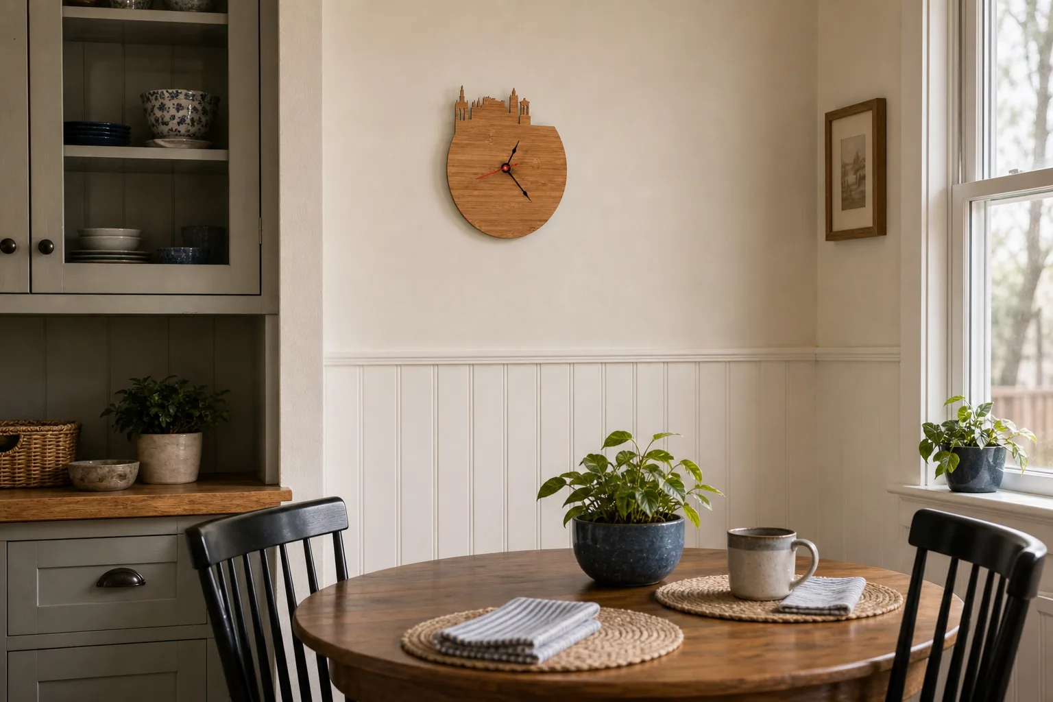 Wood Skyline Wall Clock in a Family Dining Nook Modern city skyline wood wall clock mounted in a small dining nook with a round table, two chairs, cabinets, and window light.
