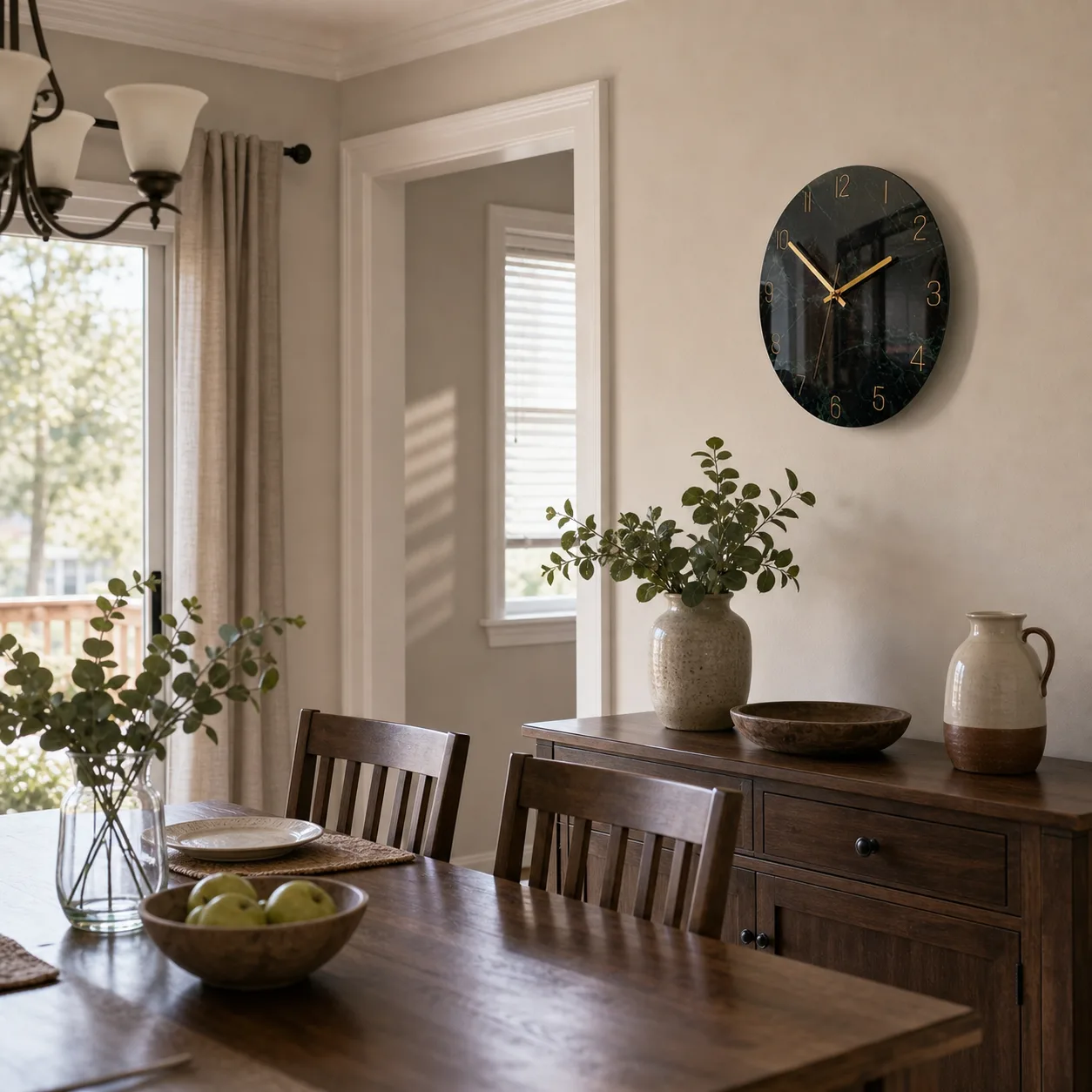 Black Marble-Look Wall Clock in a Dining Room Round black marble-look glass wall clock with gold hands displayed above a dining room sideboard