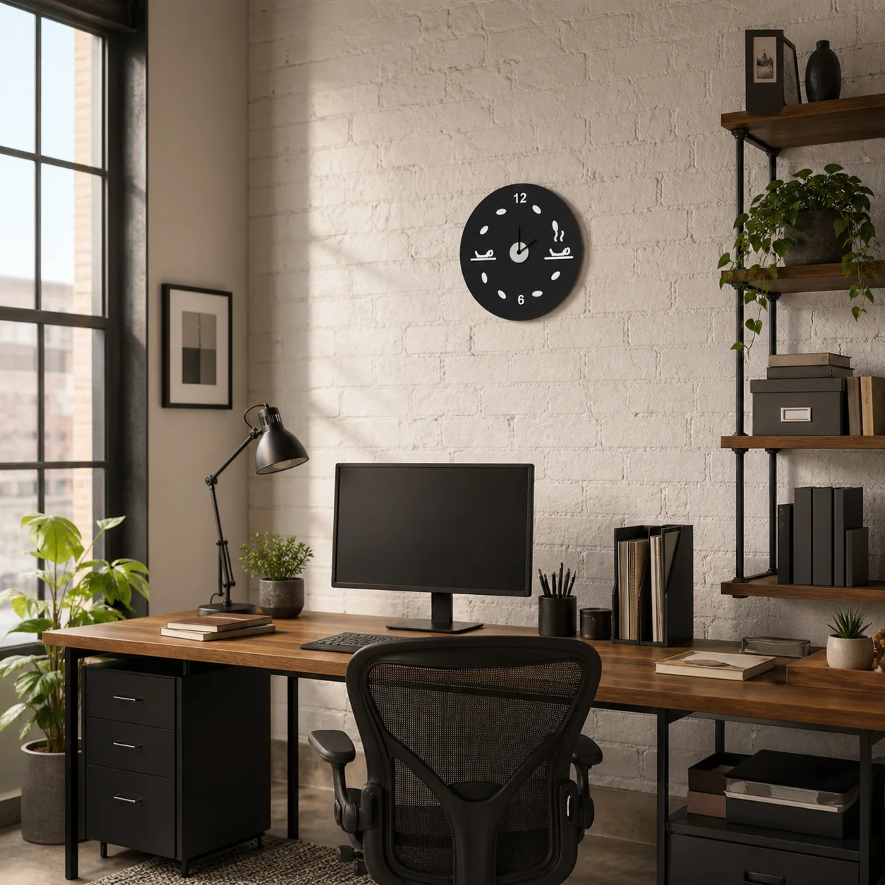 Coffee Theme Wall Clock in Loft Home Office Black coffee theme wall clock mounted on a white brick loft office wall above a desk and blank monitor.