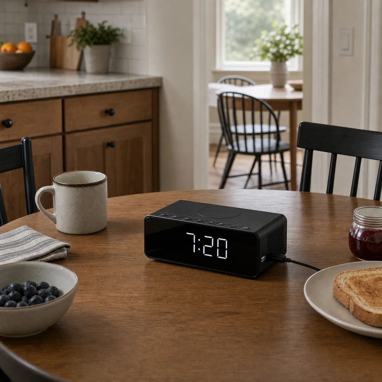 Wireless Charging Alarm Clock on Breakfast Table Modern black digital alarm clock on a breakfast table beside kitchen cabinets and casual breakfast items.