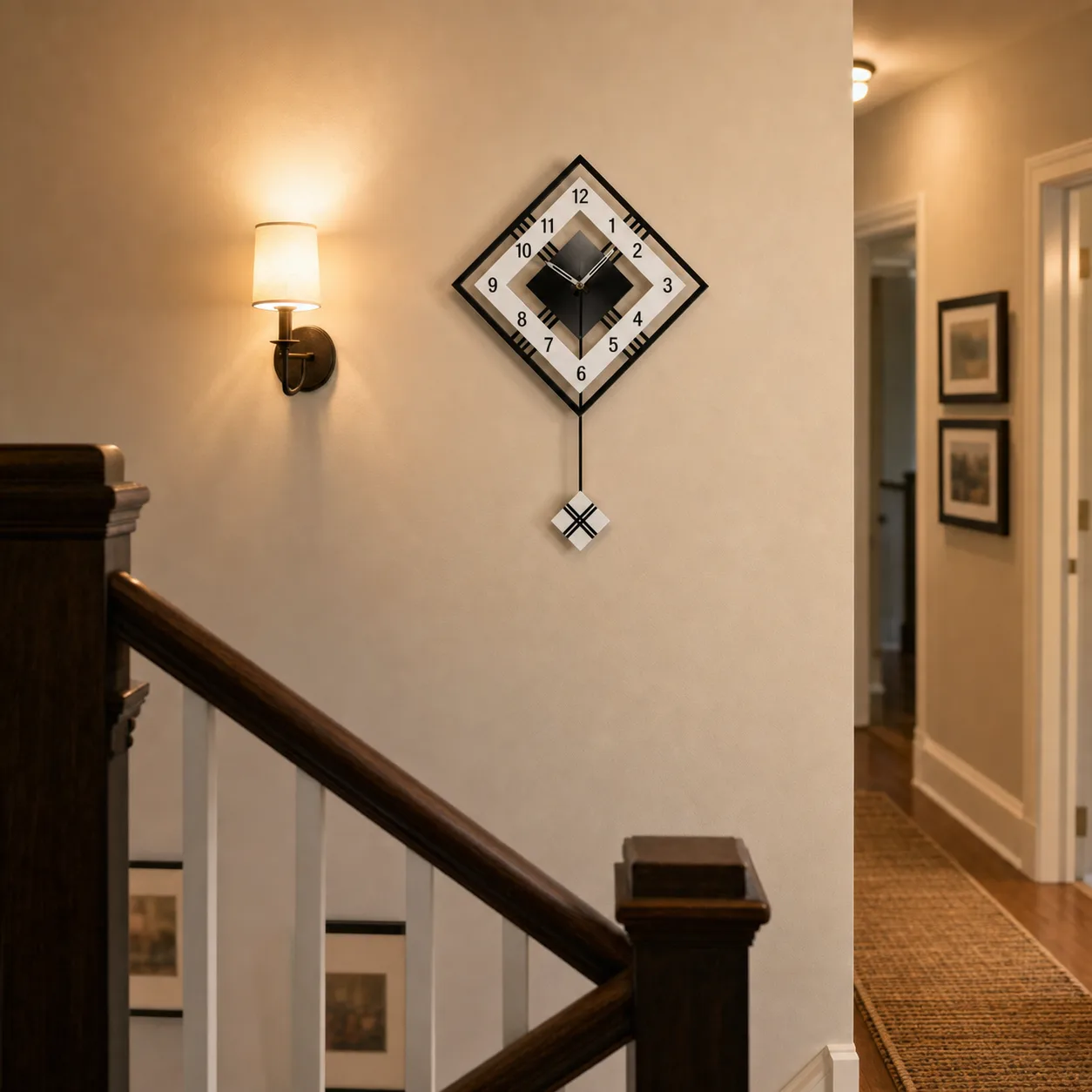 Modern Diamond Wall Clock on Stair Landing Modern geometric diamond wall clock with pendulum on a warm stair landing wall near a banister