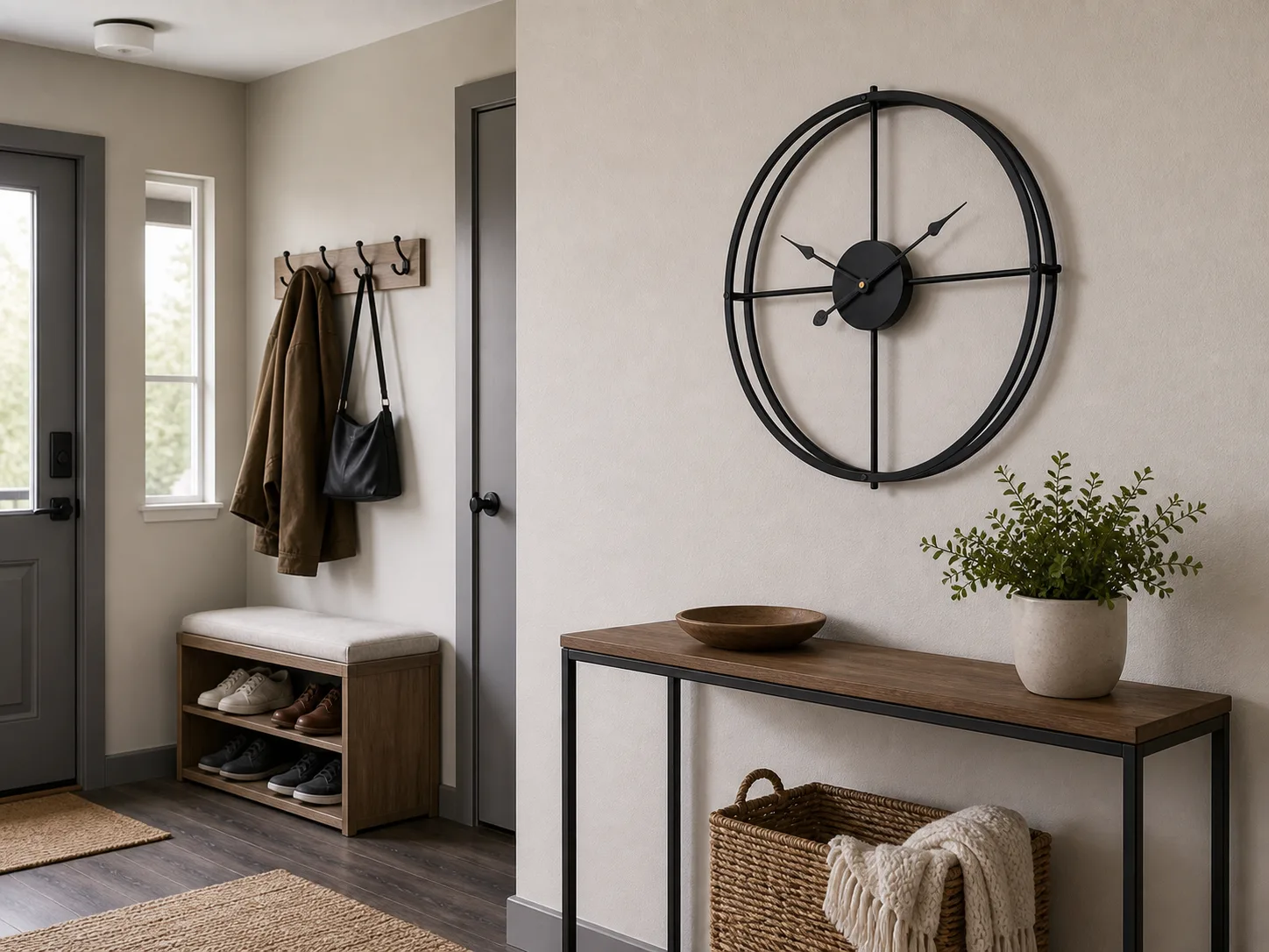 Open-Frame Metal Wall Clock in Compact Rental Entryway Modern black geometric wall clock on a neutral rental apartment entryway wall near a shoe bench and console table
