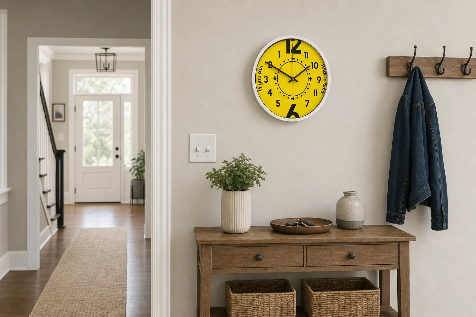 Quartz Reverse Personality Clock in Suburban Entryway Yellow reverse personality wall clock on an entryway wall above a console table with hooks and a light switch nearby.