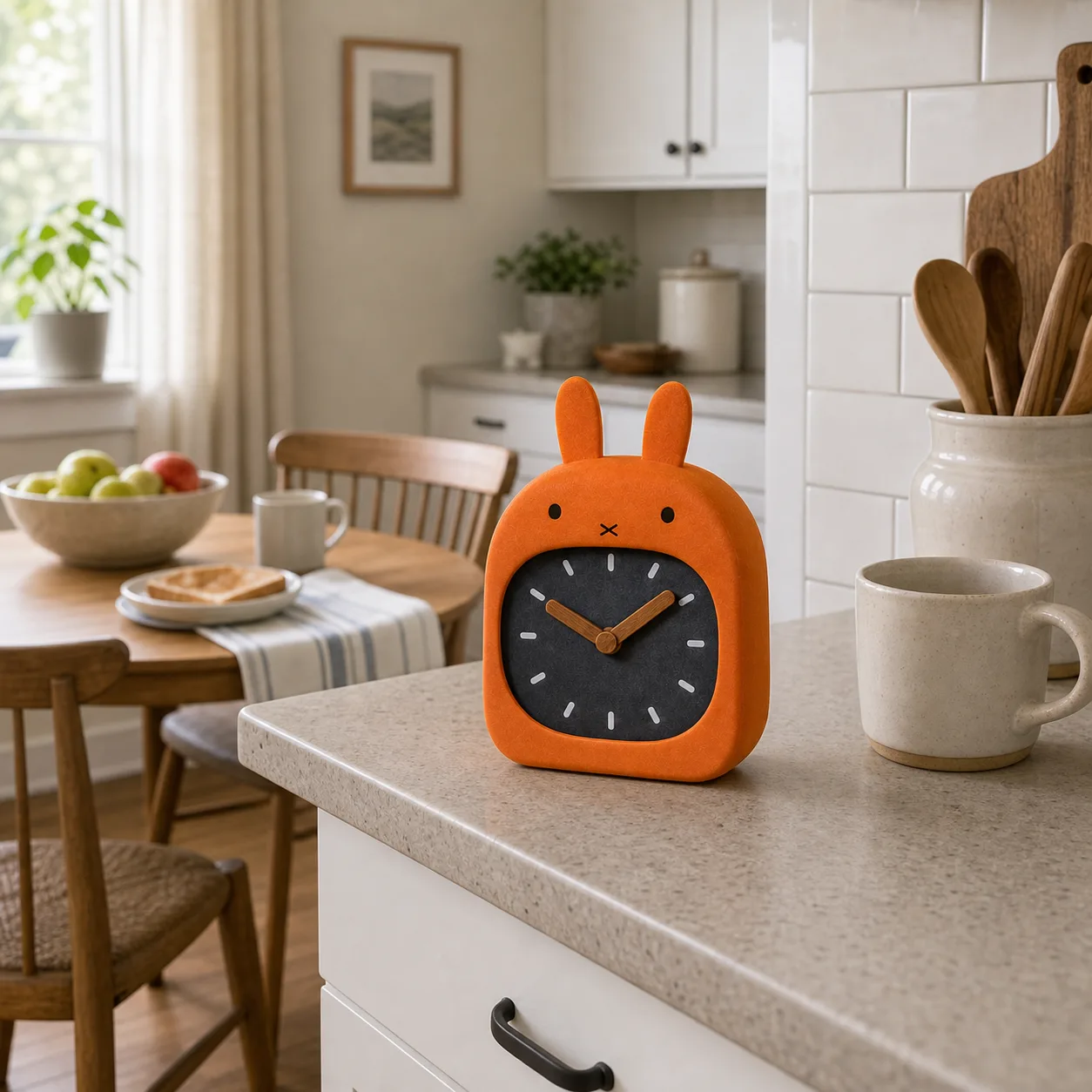 Bunny Clock in an Open Kitchen Nook Orange bunny desk clock on a kitchen counter beside a breakfast nook and cabinets