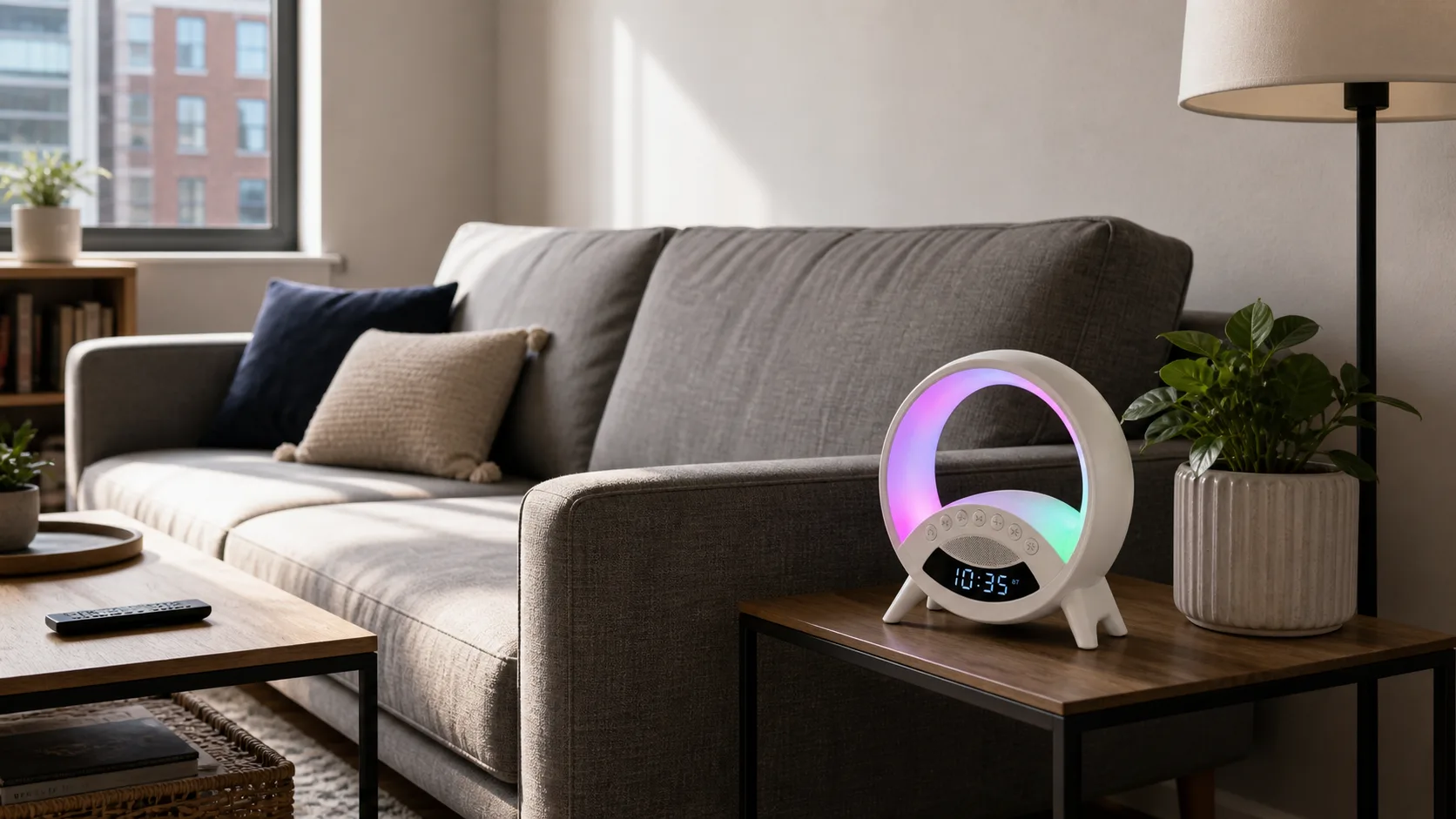RGB Smart Night Light Alarm Clock in City Living Room White circular RGB night light alarm clock on a side table beside a sofa in a city apartment living room.