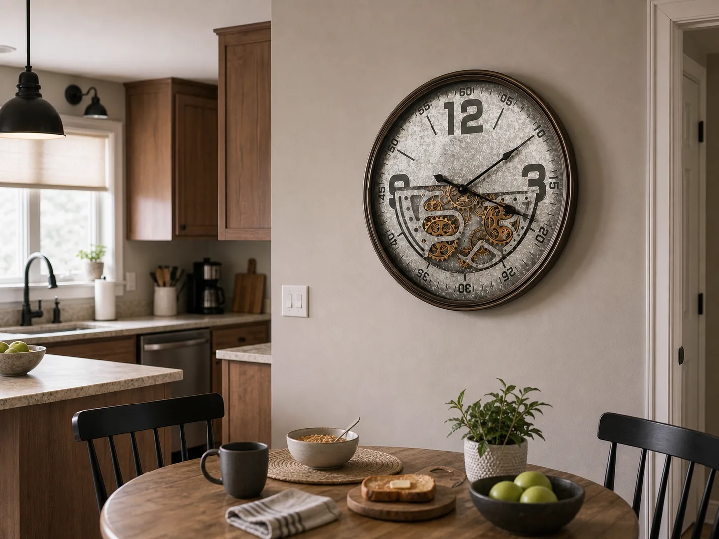 Industrial Gear Wall Clock in an Open Kitchen Dining Space Industrial Gear Wall Clock in an Open Kitchen Dining Space