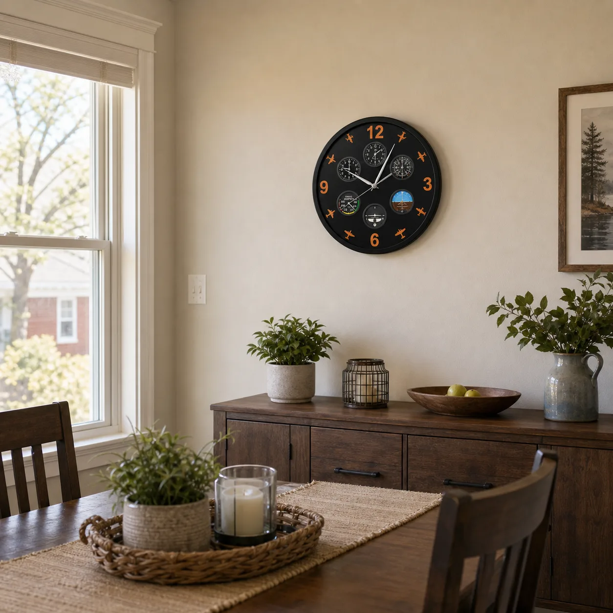 Aviation Pilot Wall Clock in a Townhouse Dining Room Aviation pilot wall clock mounted above a wood sideboard in a townhouse dining room with table and chairs.