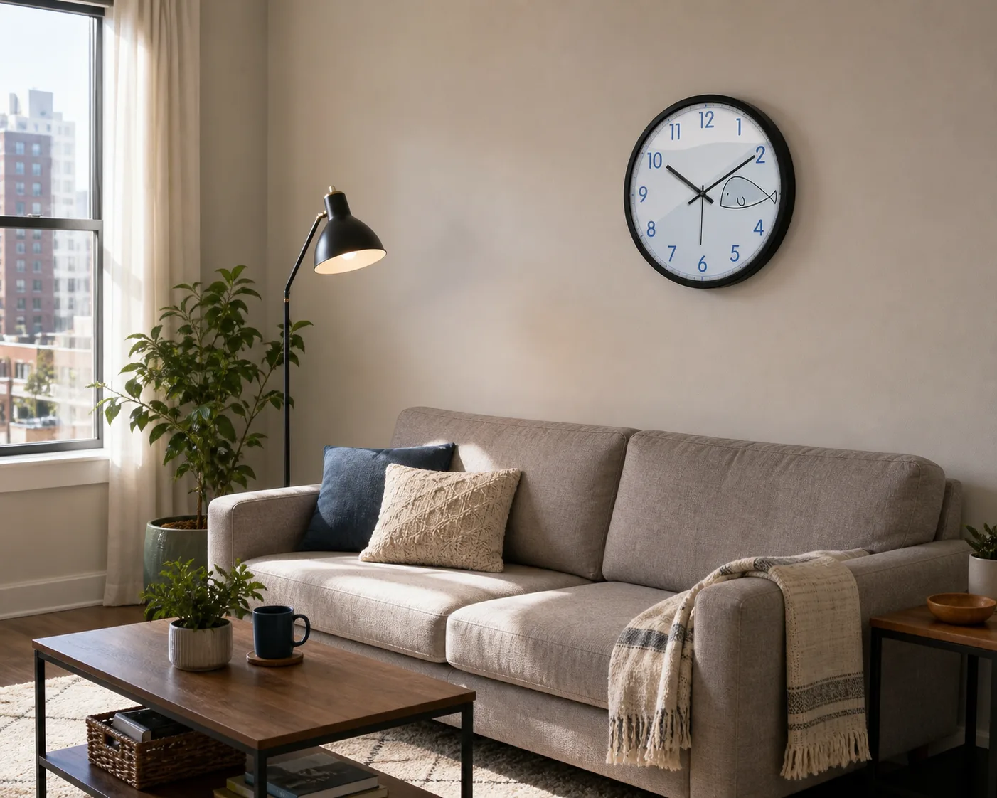 Blue Little Whale Wall Clock in a City Apartment Living Room Blue little whale wall clock on a simple city apartment living room wall above a sofa.