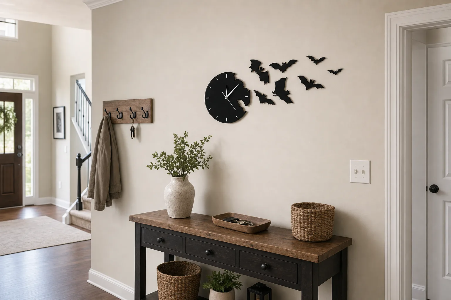 Spooky Modern Wall Clock in a Family Entryway Spooky Modern Wall Clock in a Family Entryway