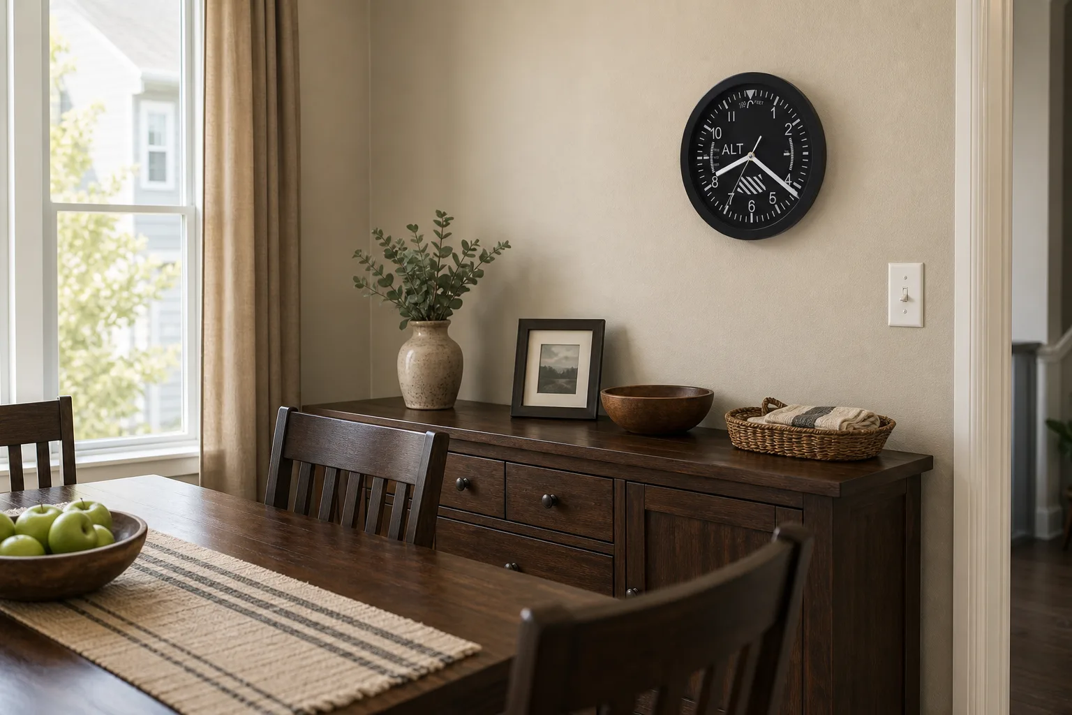 Aviation Altimeter Wall Clock in Townhouse Dining Room Black aviation altimeter wall clock mounted above a wood sideboard in a suburban townhouse dining room with a table, chairs, and afternoon daylight.