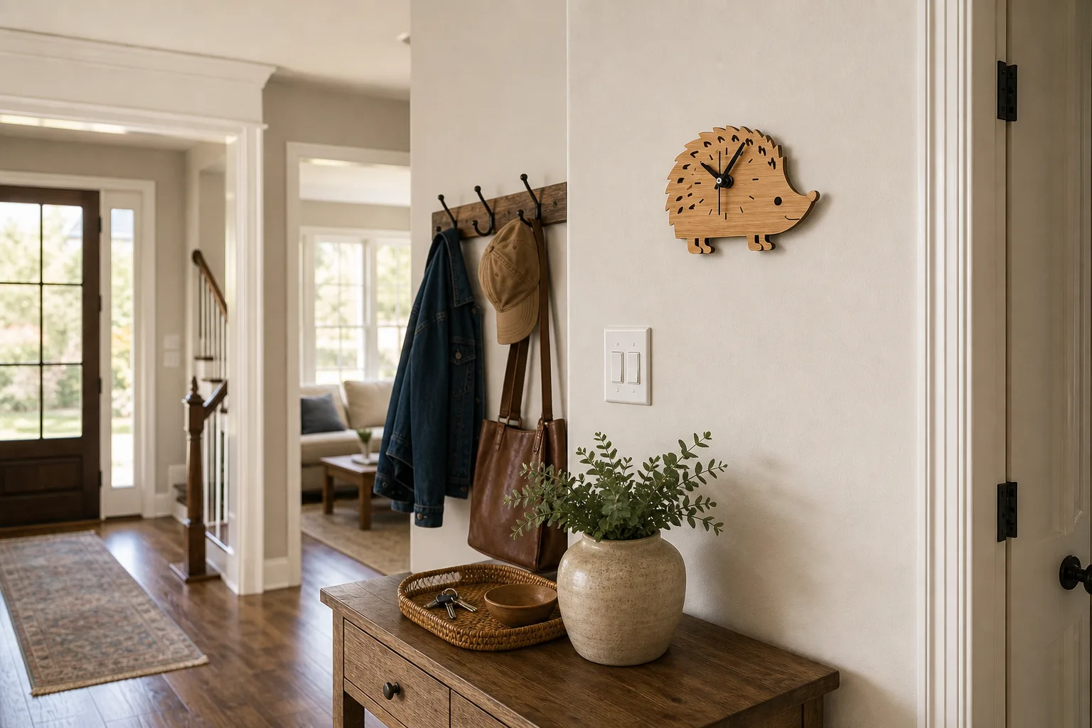 Mini Hedgehog Wood Wall Clock in a Family Entryway Small hedgehog wood wall clock mounted near a light switch in a suburban family entryway