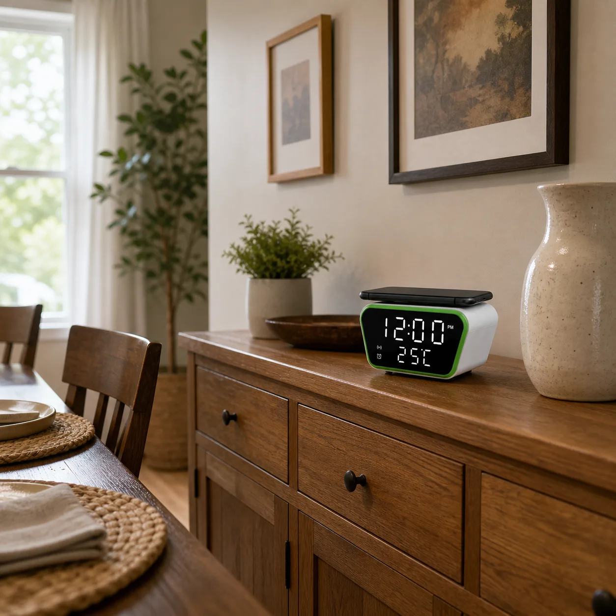 Digital Charging Clock on Dining Room Sideboard Compact digital clock with indoor temperature display on a wood dining room sideboard