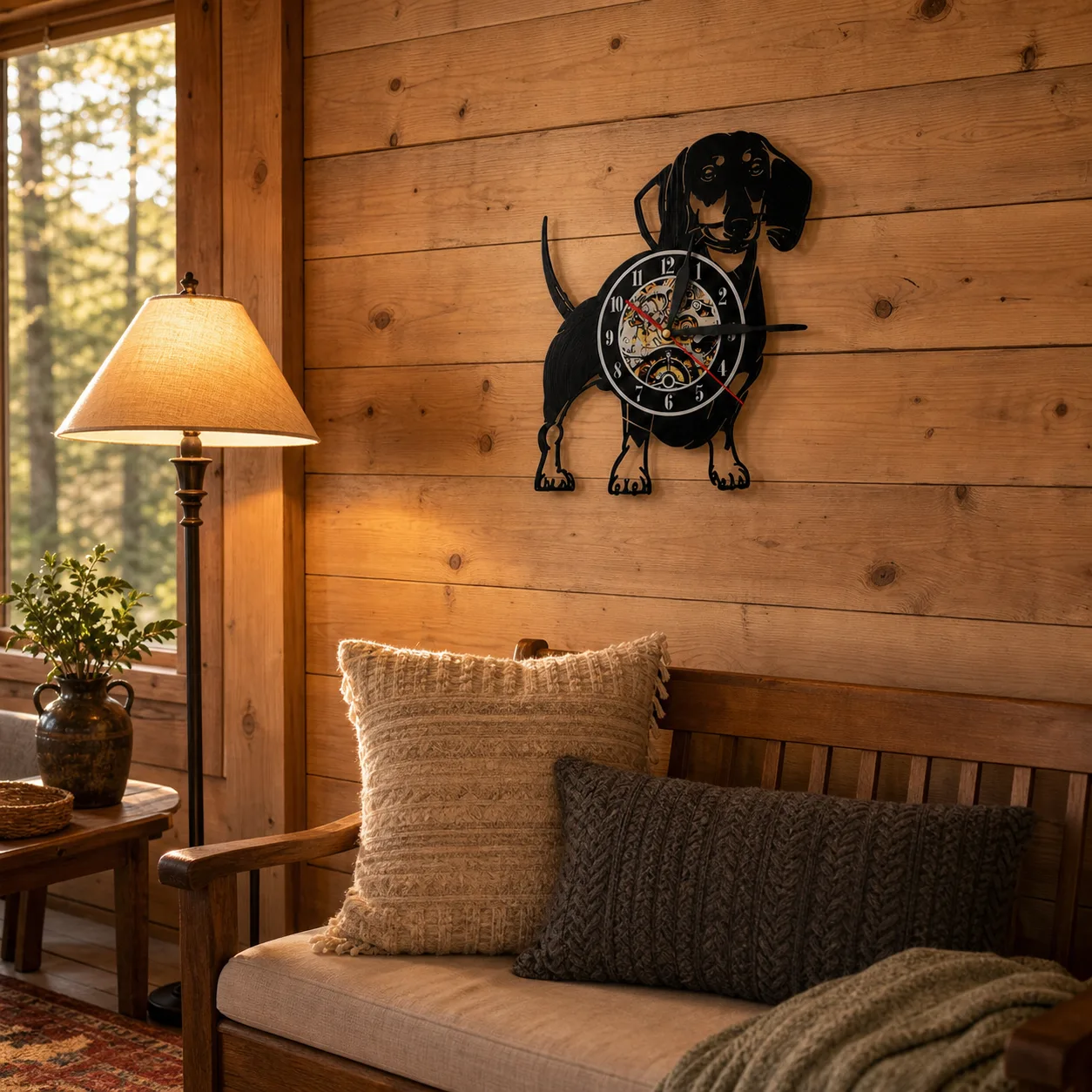 Dachshund Dog Clock on a Warm Cabin Wood Wall Dachshund dog vinyl record clock mounted on a wood plank cabin wall above a simple bench.