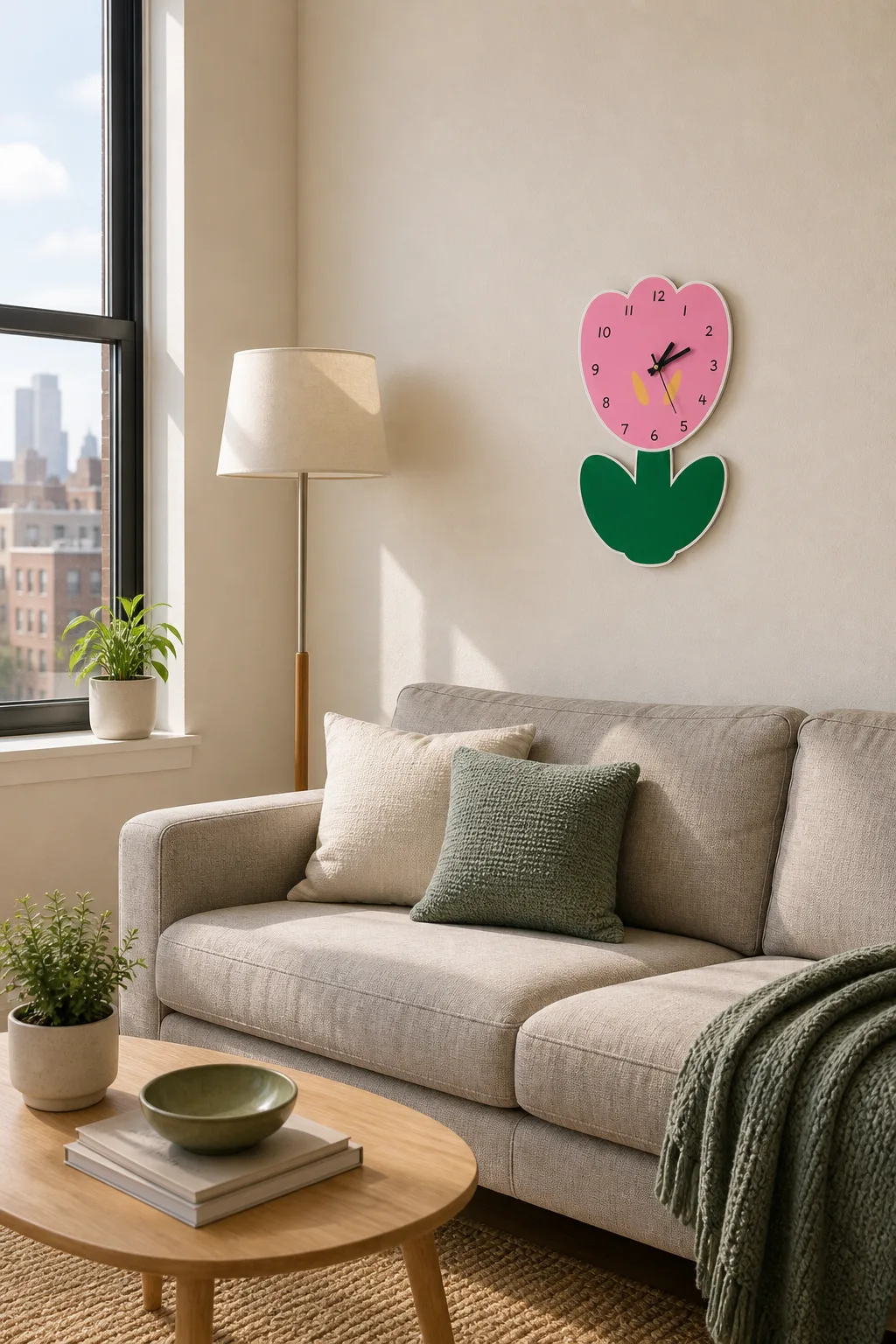 Pink Flower Wall Clock in City Apartment Living Room Pink Flower Wall Clock in City Apartment Living Room