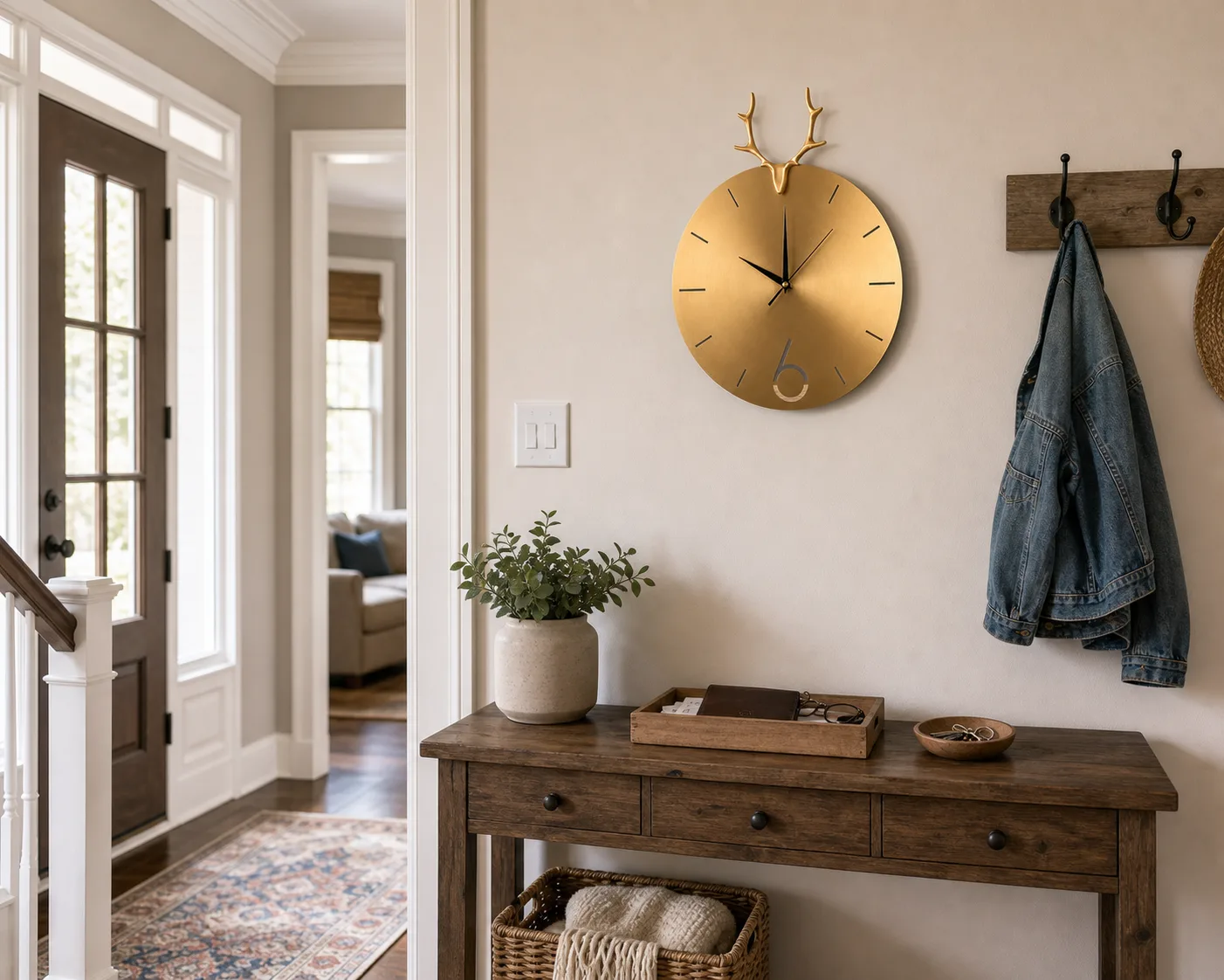 Gold Deer Antler Clock in Suburban Entryway Modern gold deer antler wall clock mounted in a suburban entryway above a console table