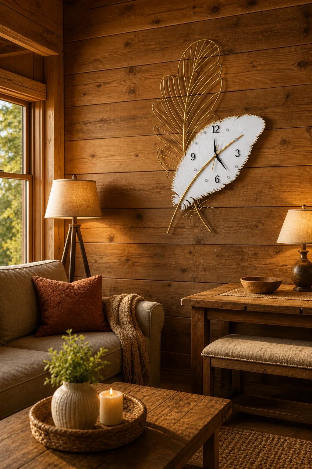 Gold Feather Wall Clock on Cabin Wood Plank Wall Decorative gold feather wall clock mounted on a wood plank wall in a warm cabin living area with lamps and woven textures.
