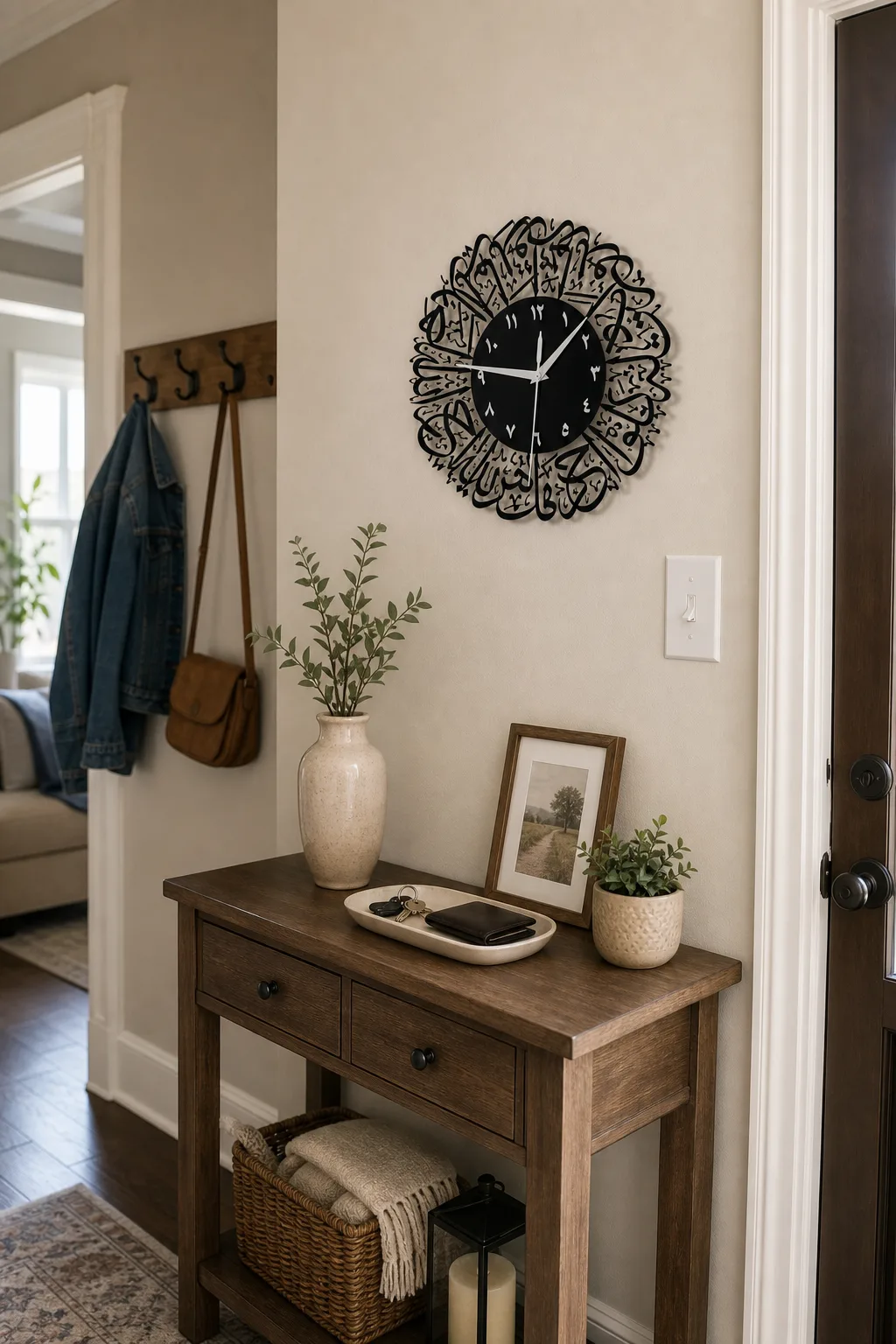 Eid Mubarak Acrylic Clock in Family Entryway Small black Eid Mubarak acrylic wall clock hung in a family home entryway above a console table.