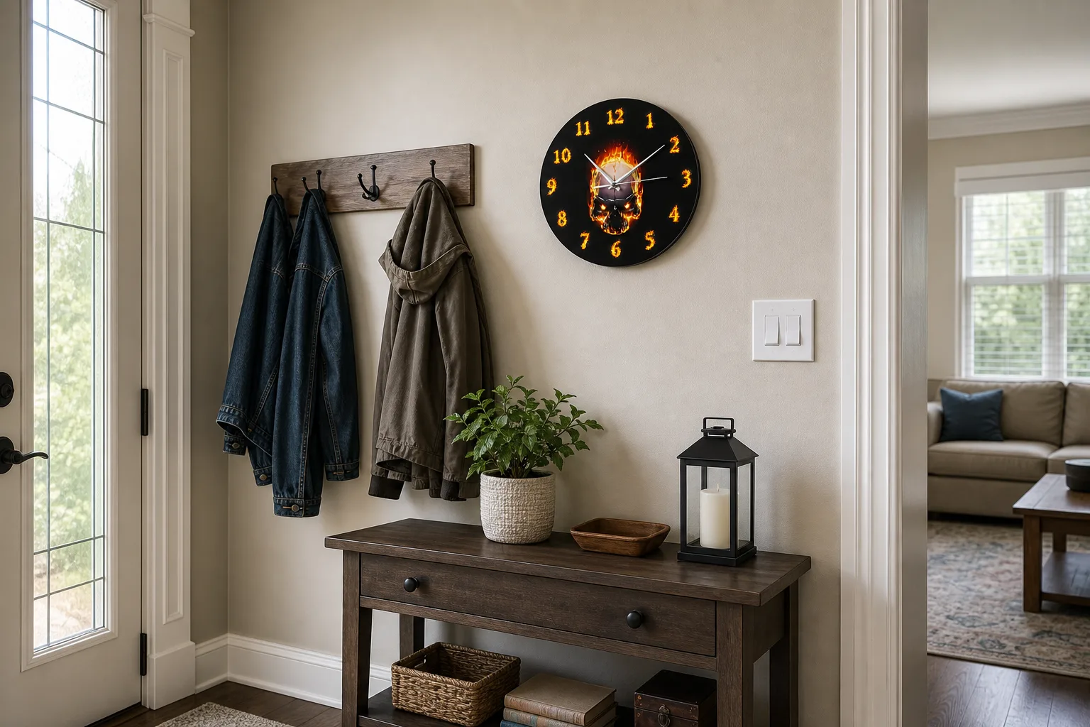 Fire Skull Clock in Suburban Hallway Fire skull wall clock mounted in a suburban home hallway with coat hooks, a console table, door trim, and a light switch for scale.
