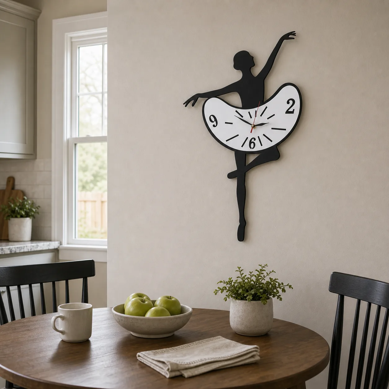 Ballerina Melting Clock in Dining Nook Black and white ballerina wall clock above a round dining table in a small family dining nook