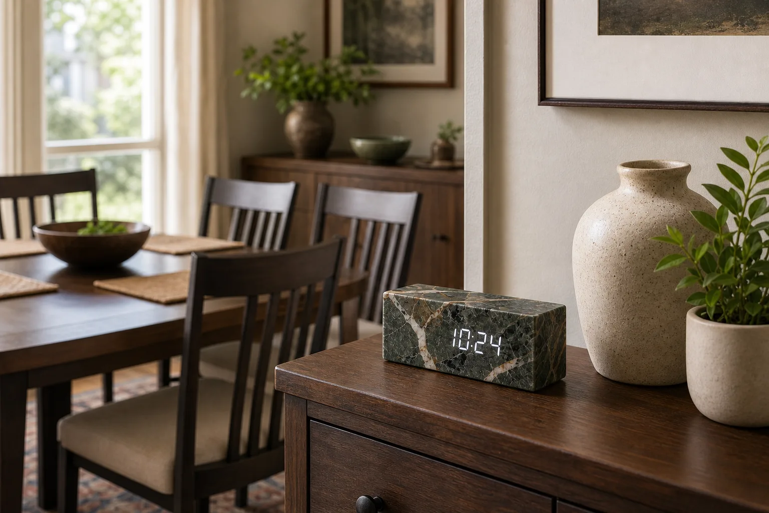 Marble Digital Clock in Dining Room Marble digital desk clock on a dining room sideboard beside ceramic decor, chairs, and a wood table.