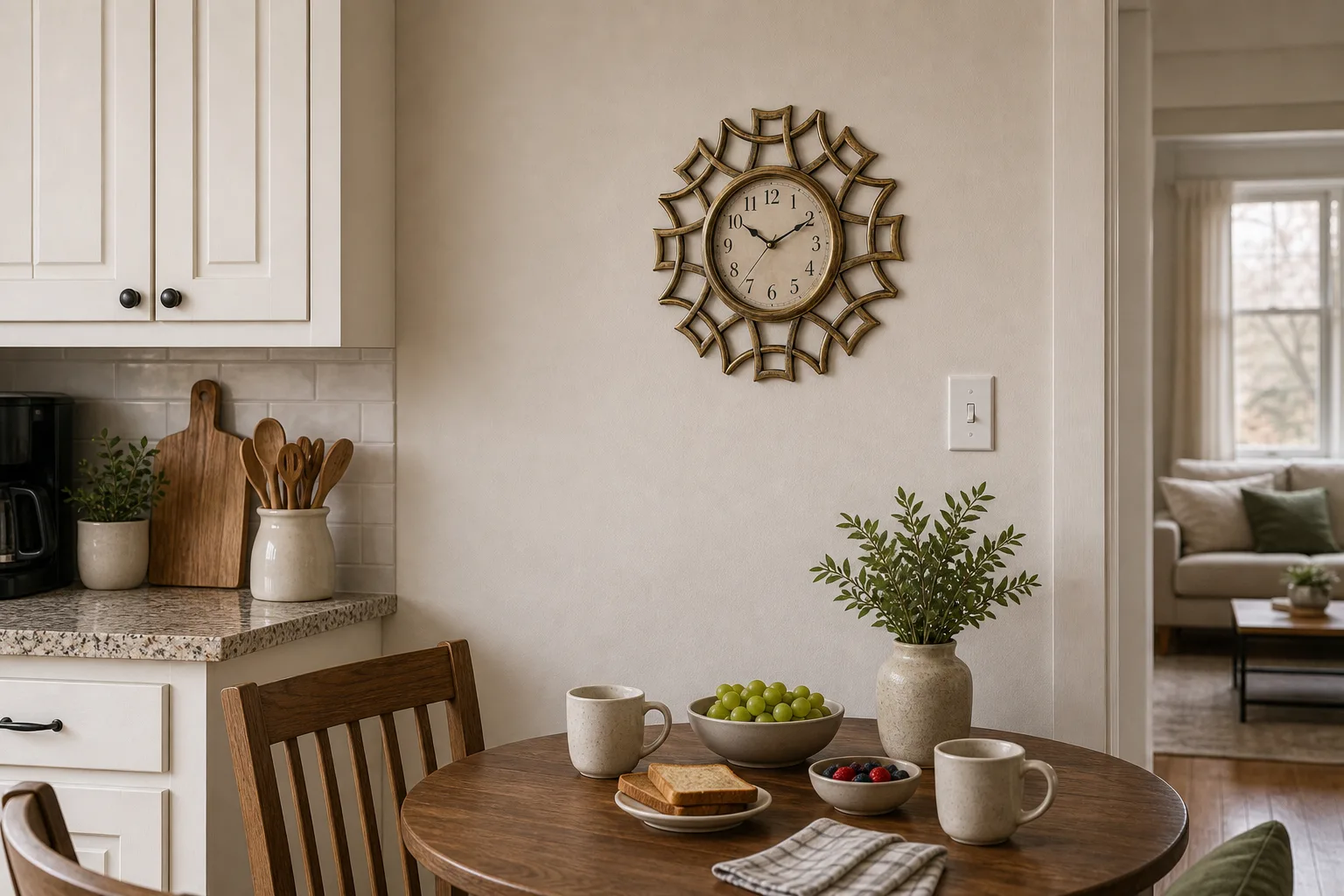 Decorative Wall Clock in Kitchen Dining Nook Antique gold decorative wall clock on a kitchen dining nook wall near breakfast table and cabinets