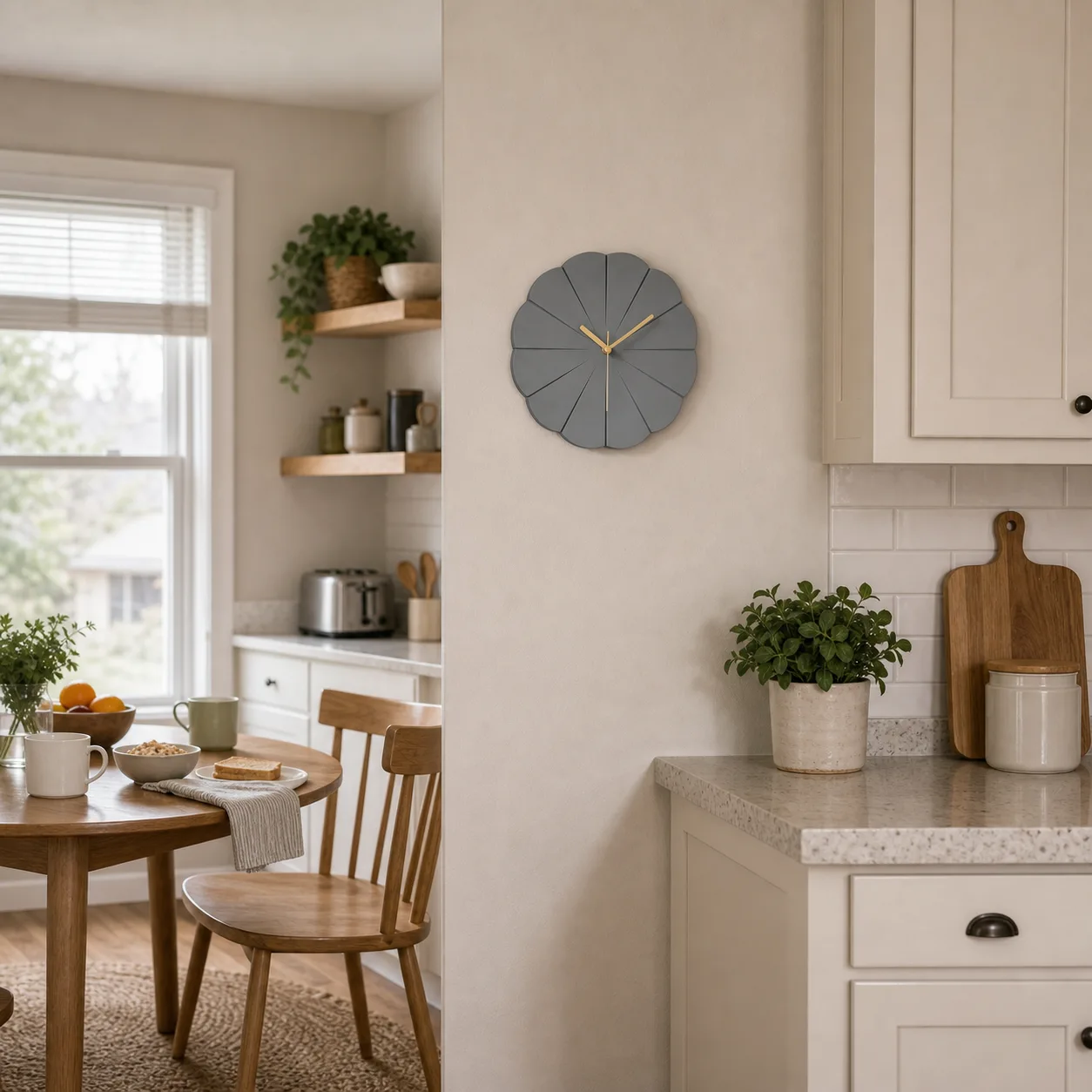 Grey Scalloped Wall Clock in an Open Kitchen Nook Small grey scalloped wall clock with gold hands in an open-plan ranch kitchen and breakfast nook