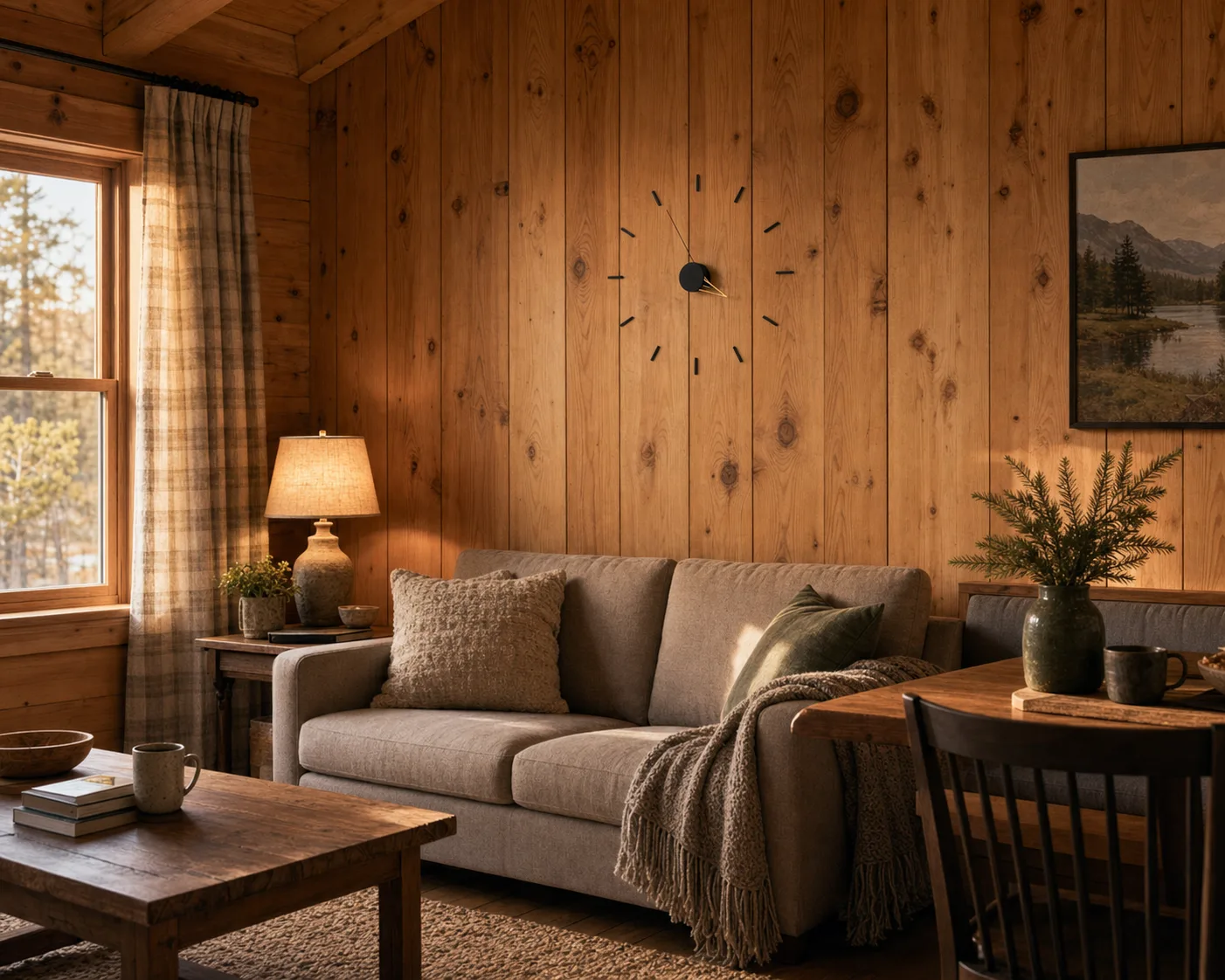 Minimalist Wall Clock in a Wood Cabin Modern minimalist wall clock mounted on a wood plank wall in a cozy cabin living room
