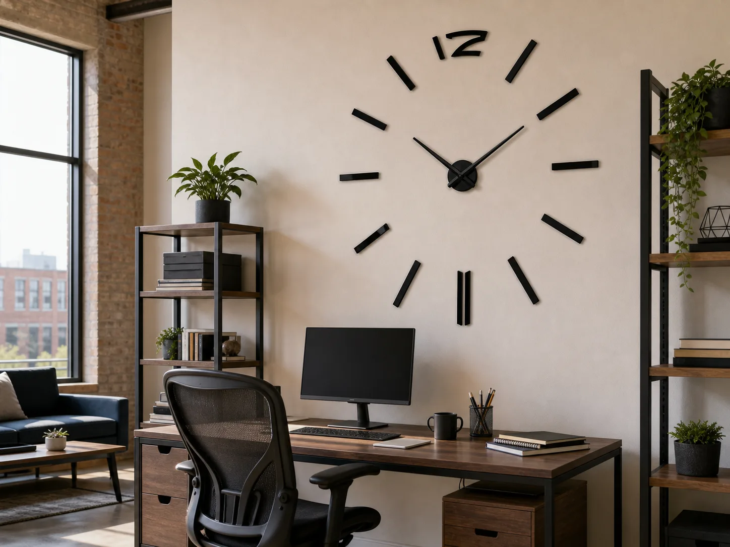 Large DIY 3D Wall Clock in a Loft Home Office Large black acrylic mirror 3D wall clock on a loft home office wall above a desk and blank monitor.