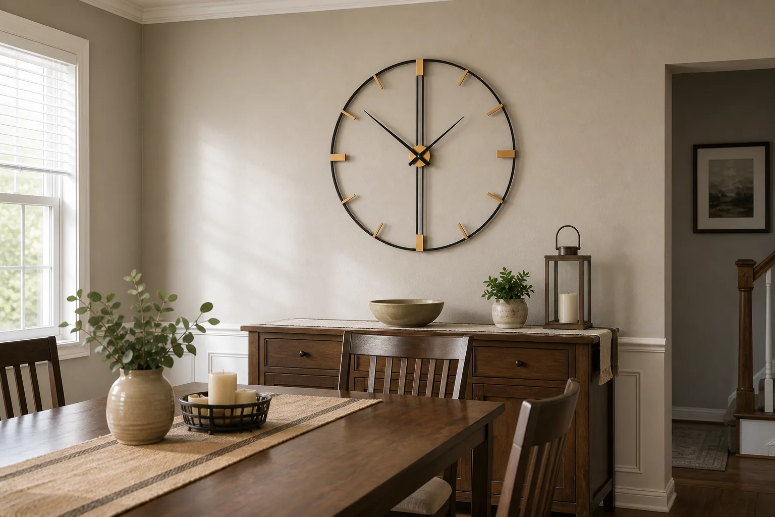 Modern Metal and Wood Clock in Townhouse Dining Room Large minimalist industrial wall clock mounted above a sideboard in a suburban townhouse dining room.
