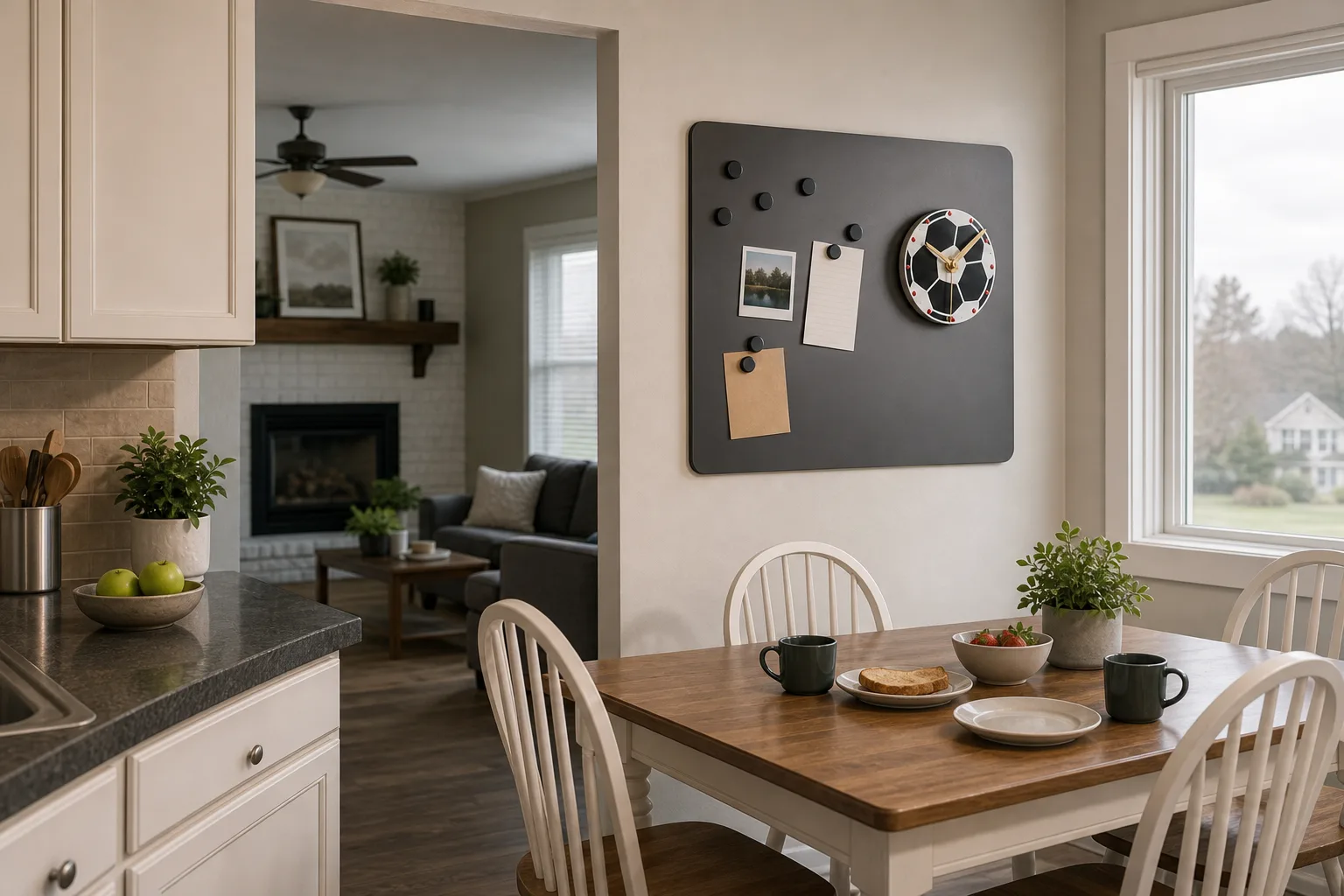 Magnetic Soccer Ball Clock in Kitchen Nook Magnetic soccer ball clock on a kitchen dining nook wall beside a breakfast table and cabinets