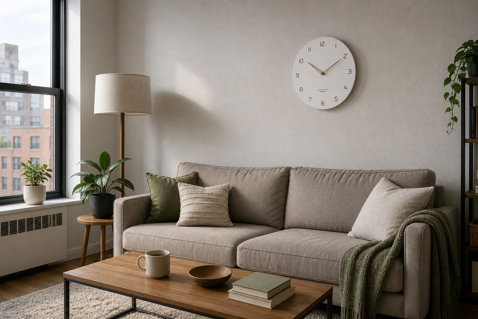 Modern White Wall Clock in City Apartment Living Room Modern White Wall Clock in City Apartment Living Room