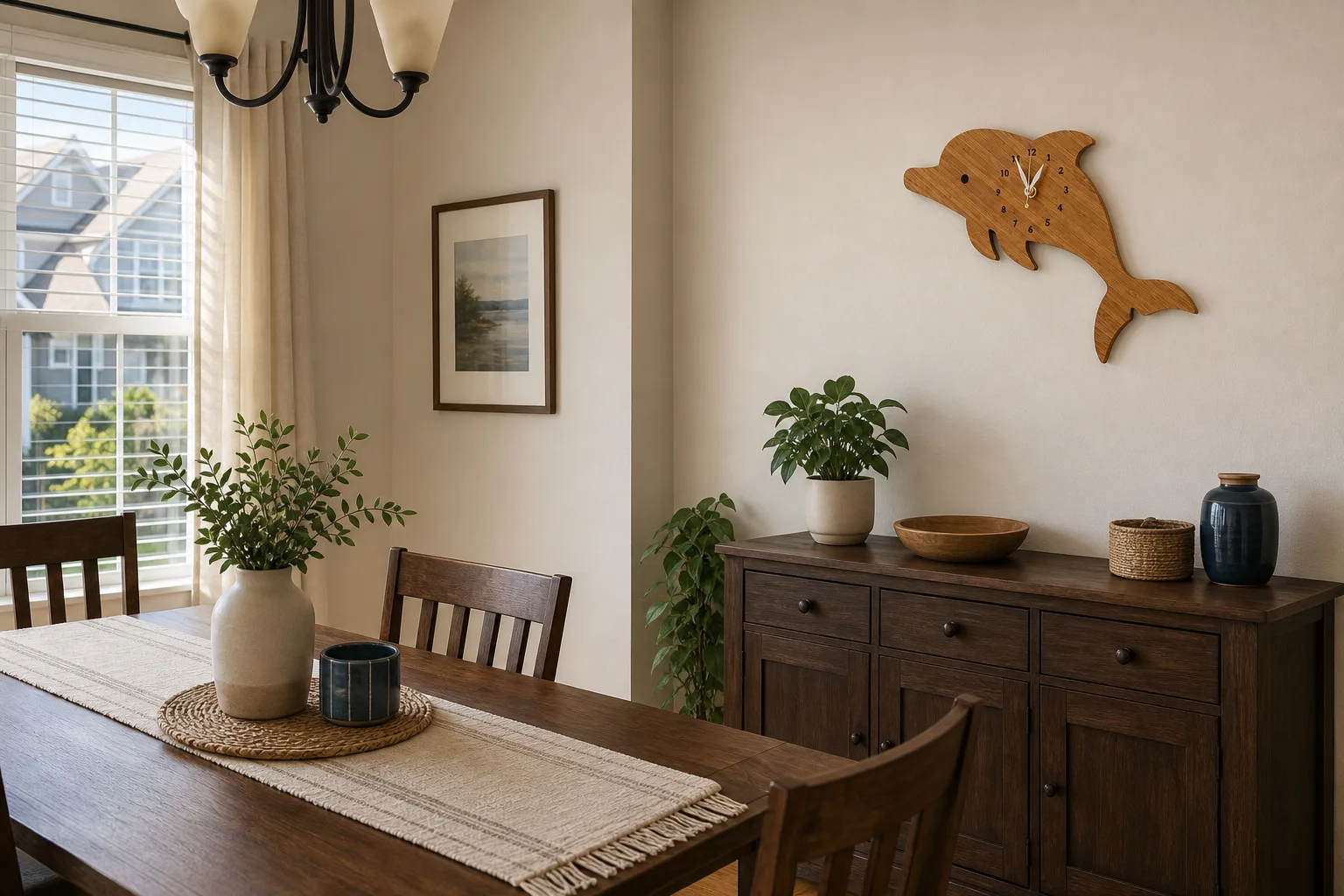 Dolphin Bamboo Wall Clock in a Townhouse Dining Room Handcrafted dolphin bamboo wall clock mounted above a sideboard in a sunny townhouse dining room