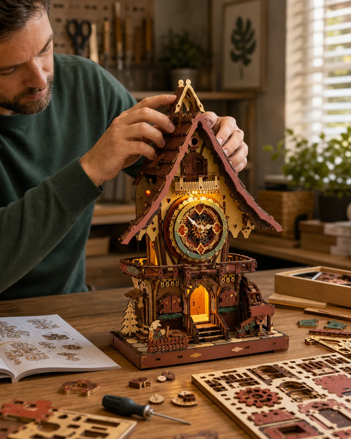Colorful Wooden Cuckoo Clock Puzzle Kit Assembly Scene Person hands assembling a colorful wooden cuckoo clock puzzle kit at a craft desk