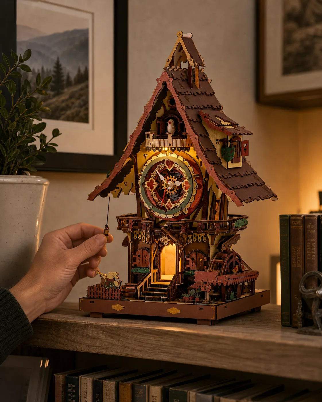 Colorful Wooden Cuckoo Clock Evening Chime Scene Colorful Wooden Cuckoo Clock Evening Chime Scene