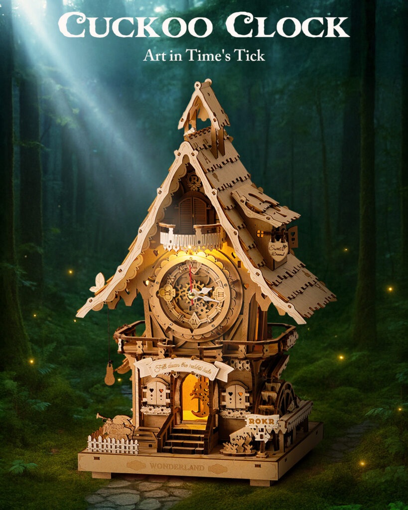 Natural Wood DIY Cuckoo Clock Puzzle Kit with LED Light