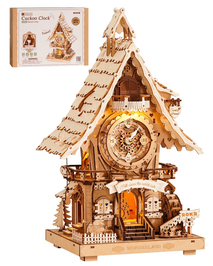 Natural Wood DIY Cuckoo Clock Puzzle Kit with LED Light