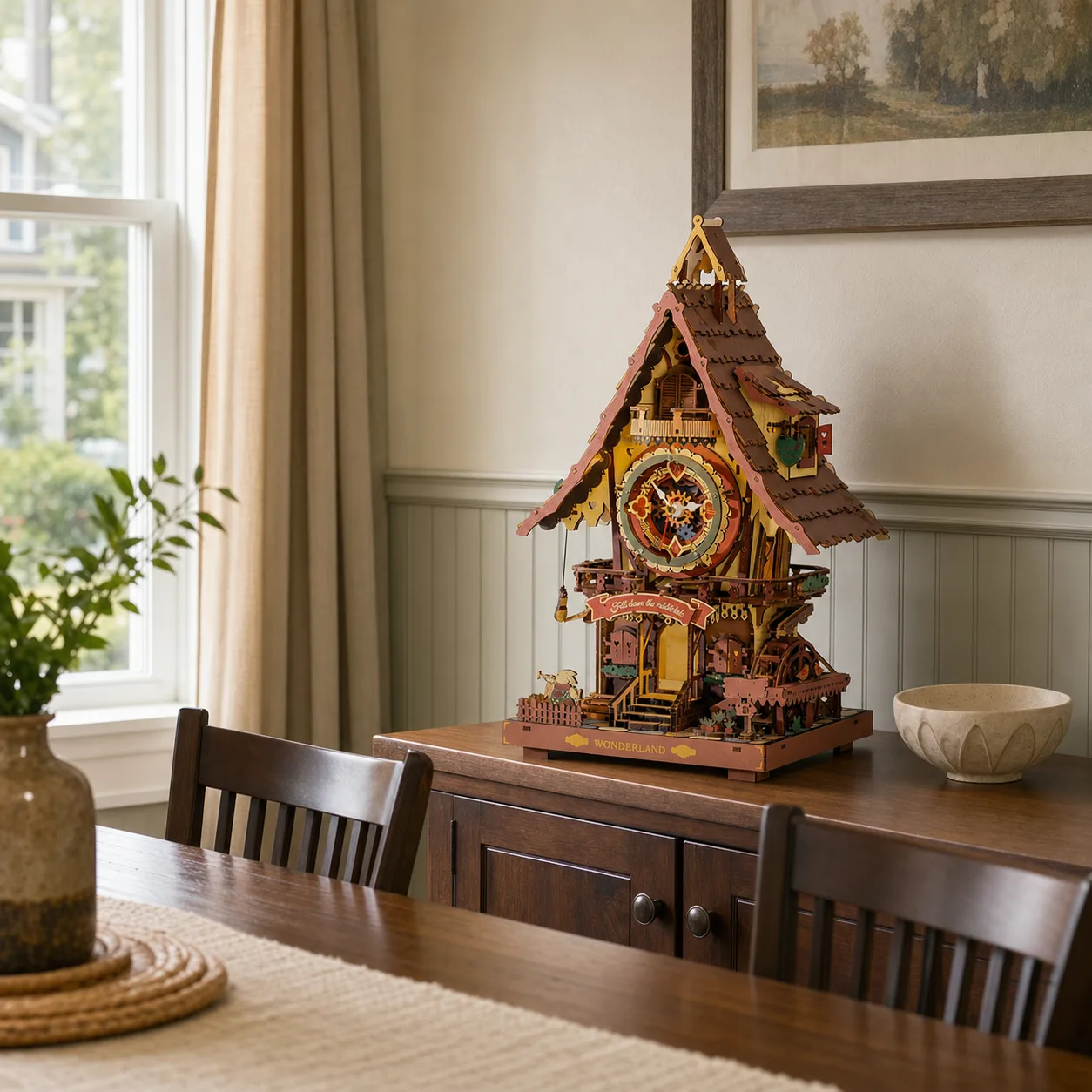 Wooden Cuckoo Clock Puzzle Kit on Dining Room Sideboard Wooden Cuckoo Clock Puzzle Kit on Dining Room Sideboard
