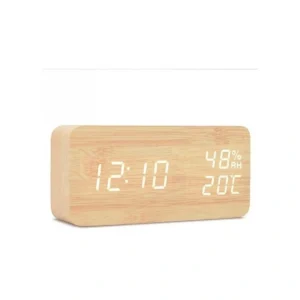 Modern Wood Grain Digital Alarm Clock | Temp & Humidity Monitor