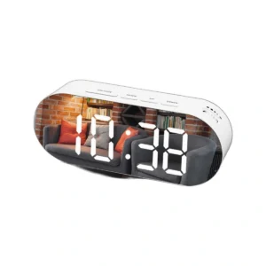 Modern Digital Alarm Clock with Mirror LED Display, USB Charging & Dimmable Brightness