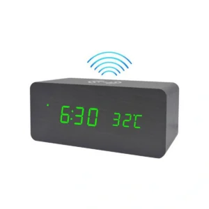 Modern Wood Grain LED Digital Alarm Clock with Qi Wireless Charger & Thermometer