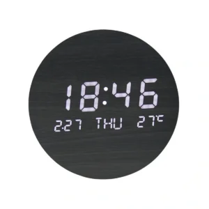 Modern LED Digital Wall Clock | Wood Grain Round Display | Time, Date, Temp