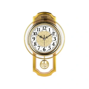 Elegant Silent Pendulum Wall Clock - Gold & Wood Grain Home Decor