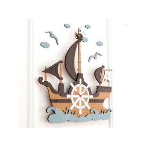 Nautical Wooden Ship Wall Clock | Kids Room & Nursery Decor with Seagulls & Clouds