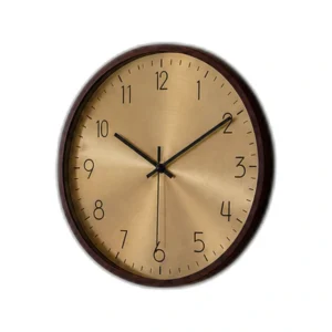 Modern Silent Wall Clock | Gold Brushed Dial | Wood Frame | Non-Ticking Decor