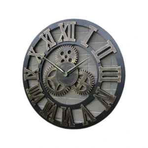 Large Industrial Wall Clock with Roman Numerals & Decorative Gears - Vintage Style